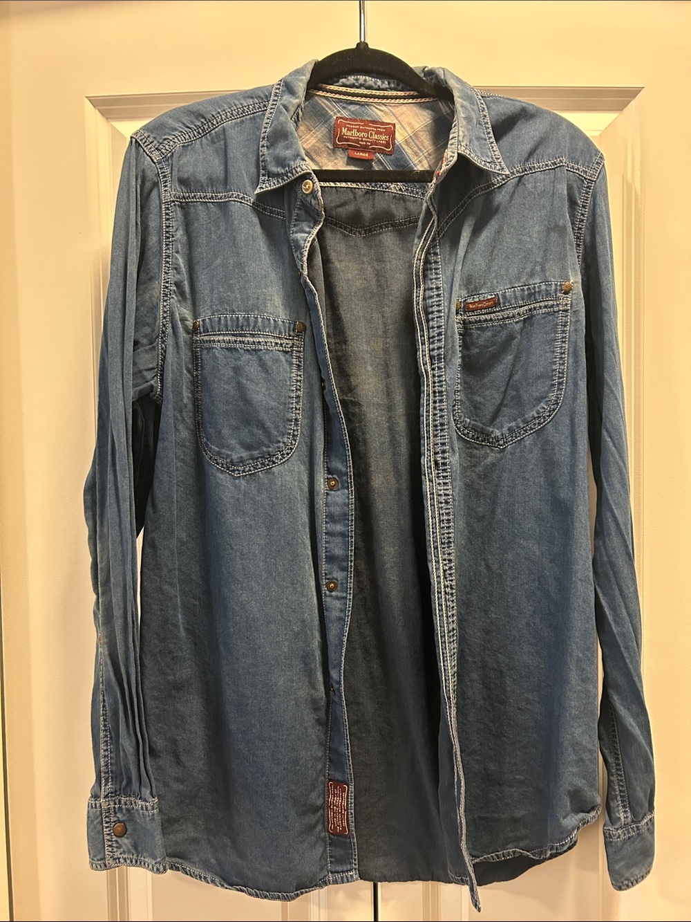 Marlboro Classics Mens Dark Wash Denim Button-Down Shirt 100% Cotton